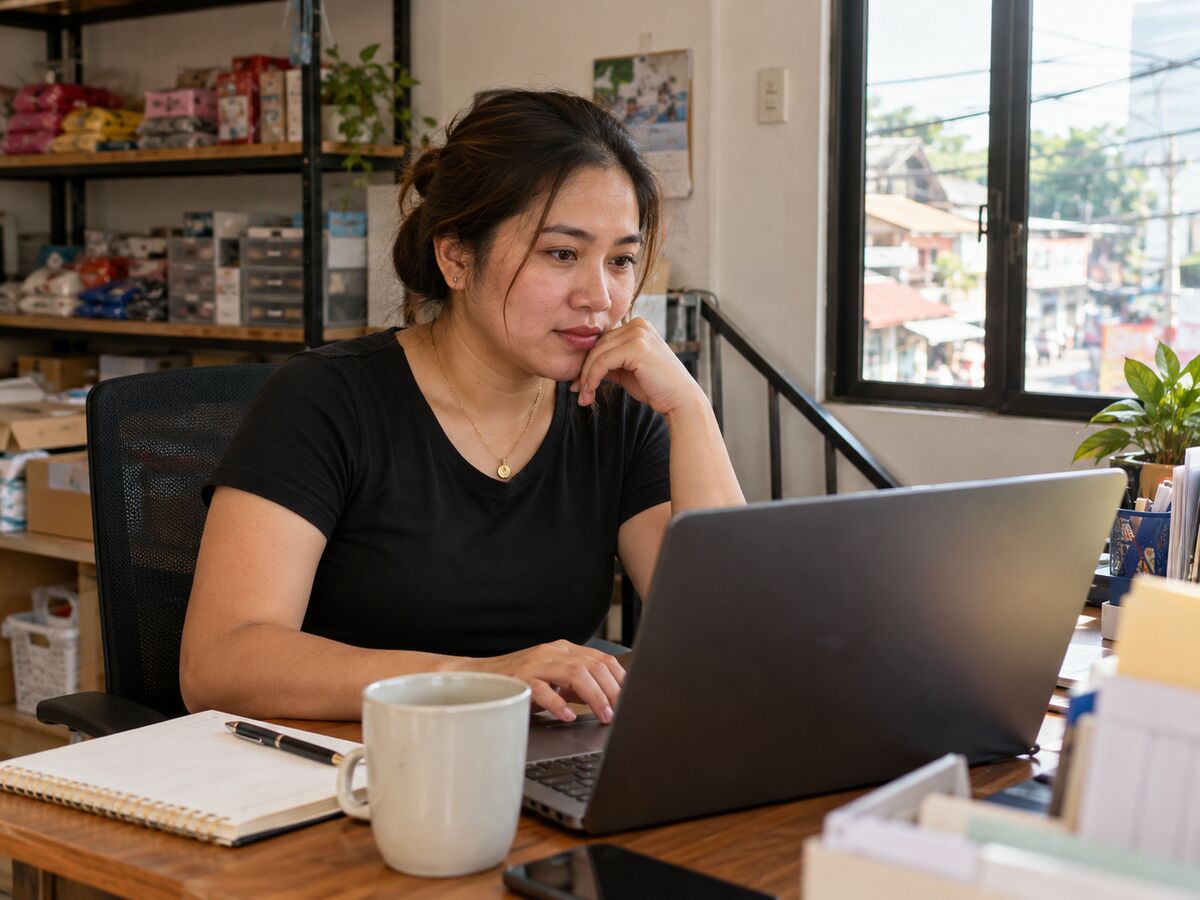 A business owner reviewing reports for her branches on a laptop.