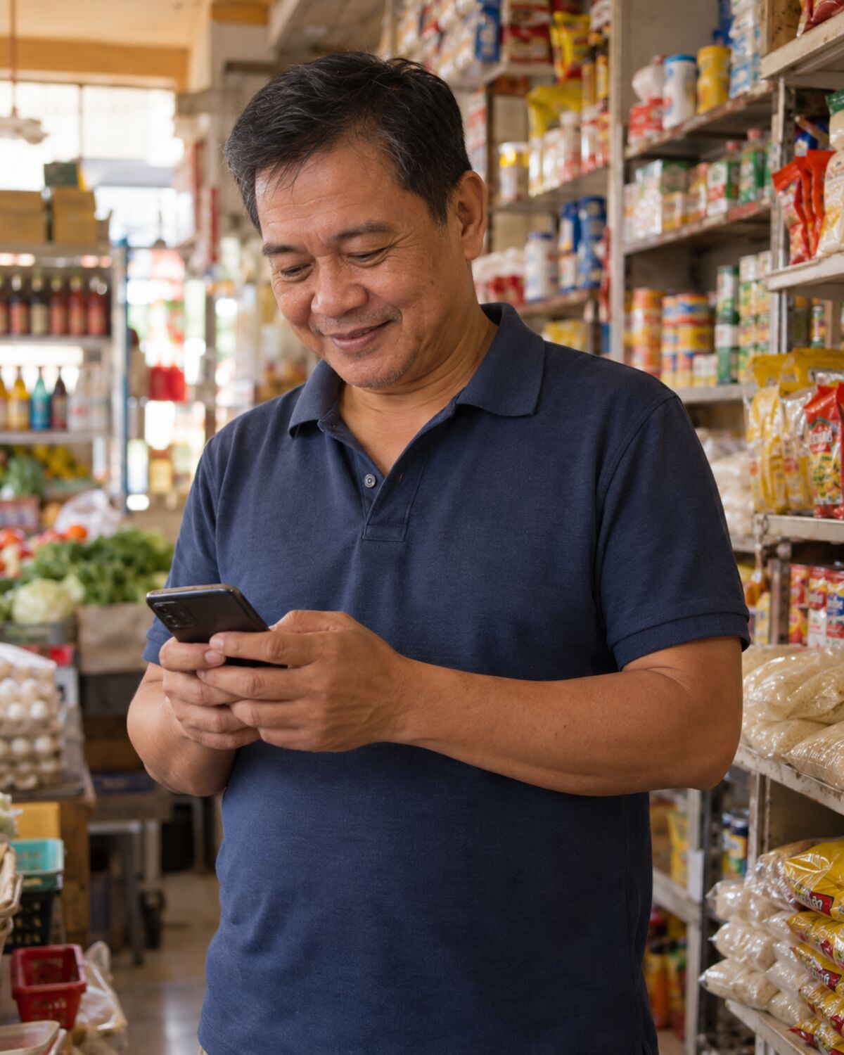 A store owner checking the day's sales on his phone in the store aisle.
