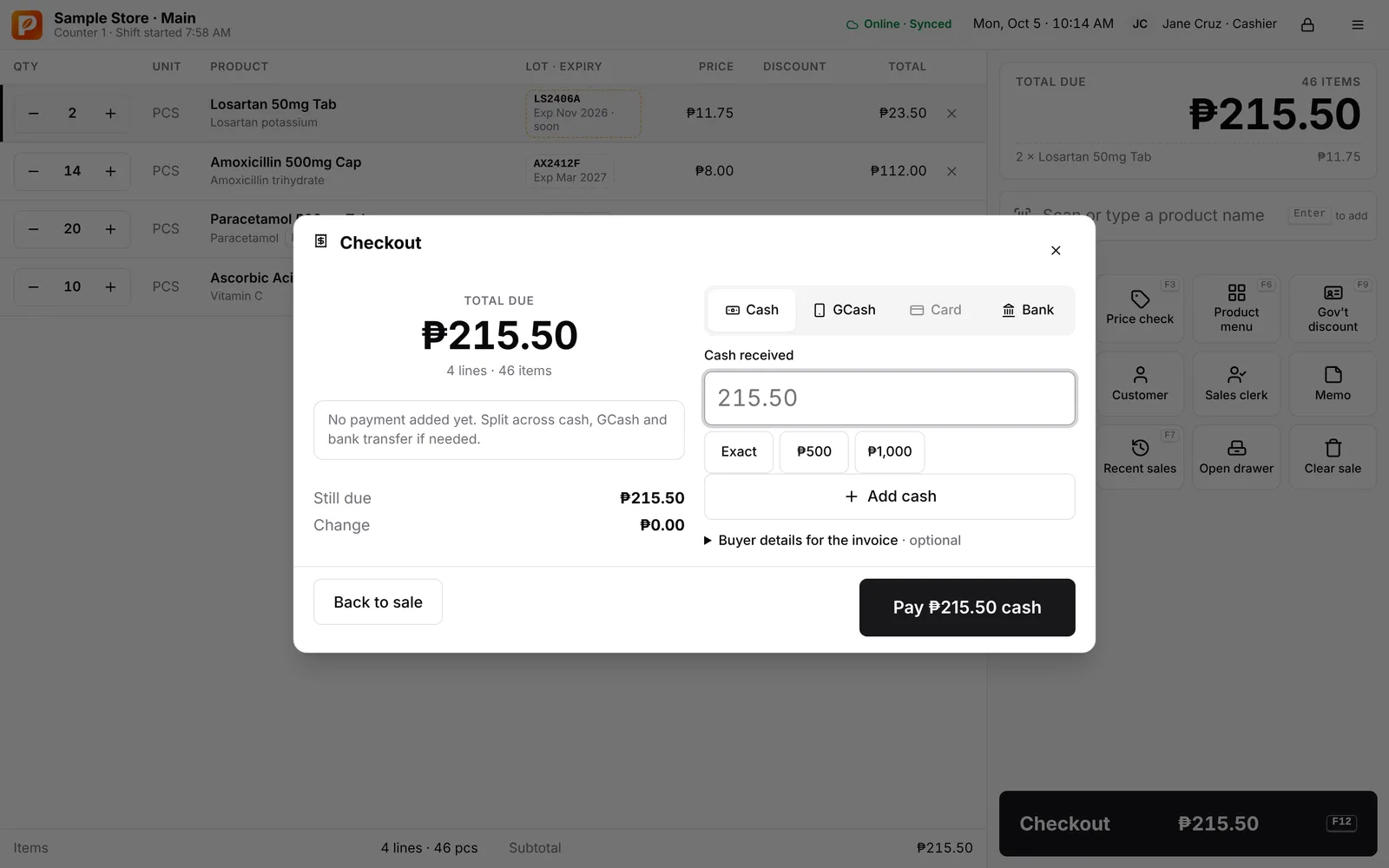 The checkout dialog with cash, GCash and bank transfer tenders, cash received and change.