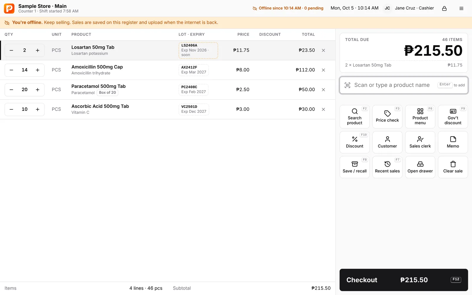 The register showing an orange “You’re offline. Keep selling.” banner while a sale is rung up.