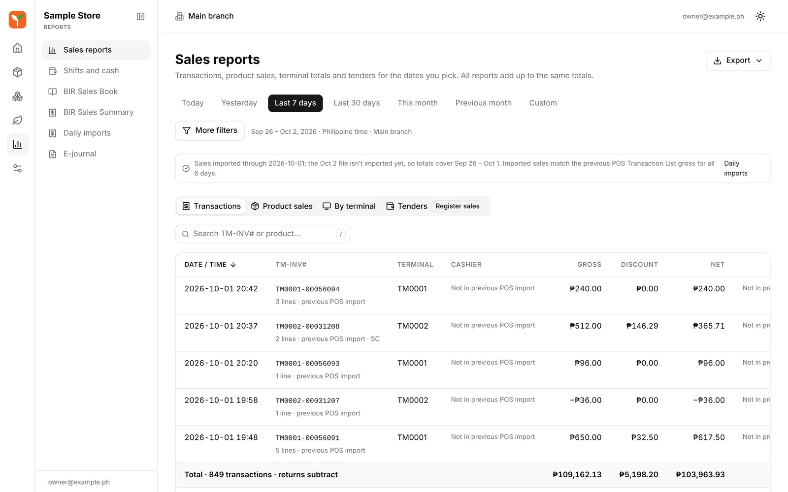 The Sales reports page with transactions by date, terminal and cashier, gross sales, discounts and net.