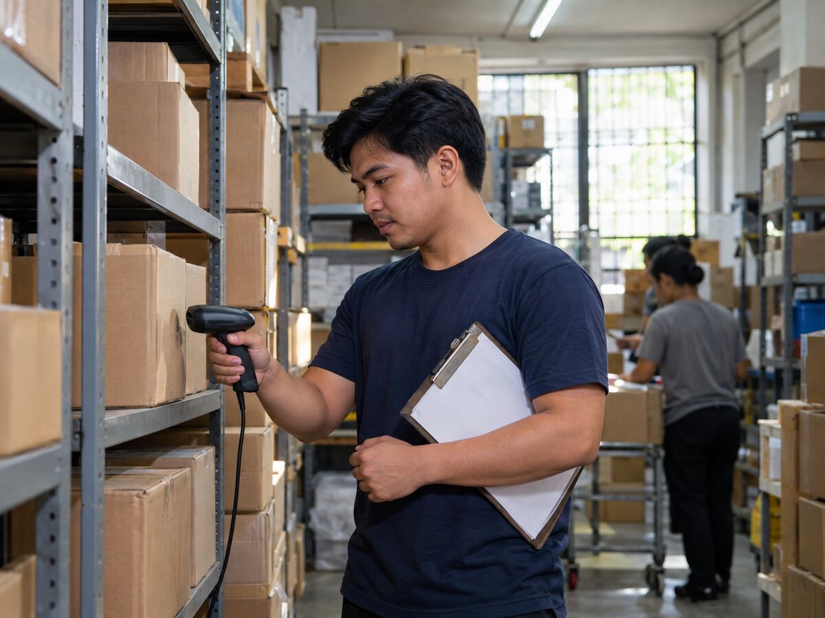 A staff member counting boxes on stockroom shelves with a handheld scanner.